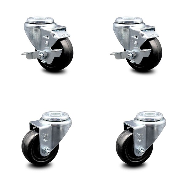 3 Inch Hard Rubber Wheel Swivel Bolt Hole Caster Set with 2 Brake